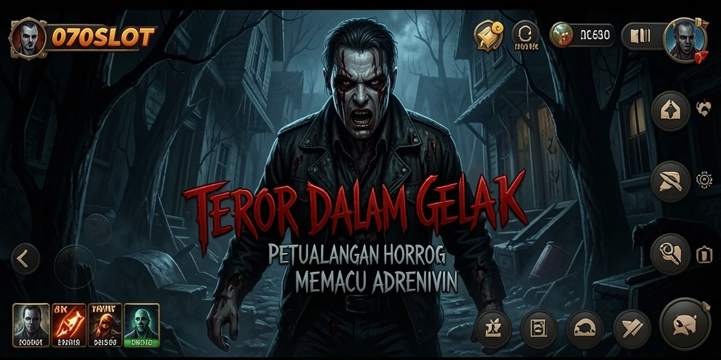 Tampilan gameplay menegangkan 070SLOT yang dipenuhi kegelapan dan makhluk mengerikan.