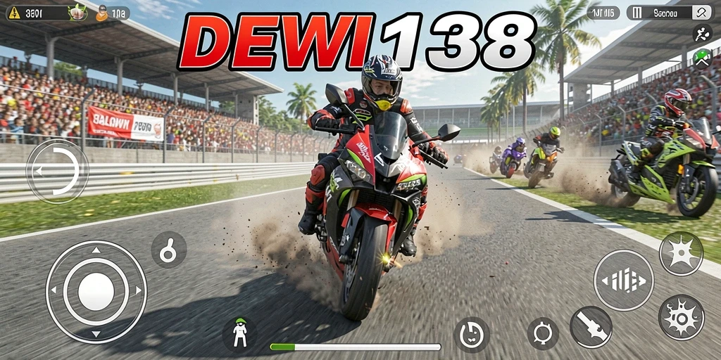 Gameplay seru DEWI138 dengan sepeda motor dan trek menantang.