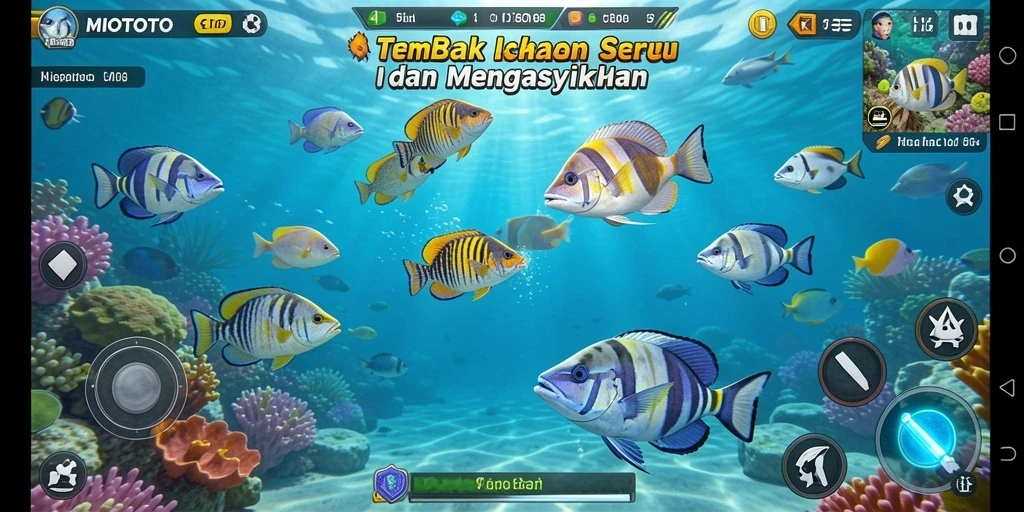 Tampilan tangkapan layar gameplay MIOTOTO yang menampilkan aksi Tembak Ikan.