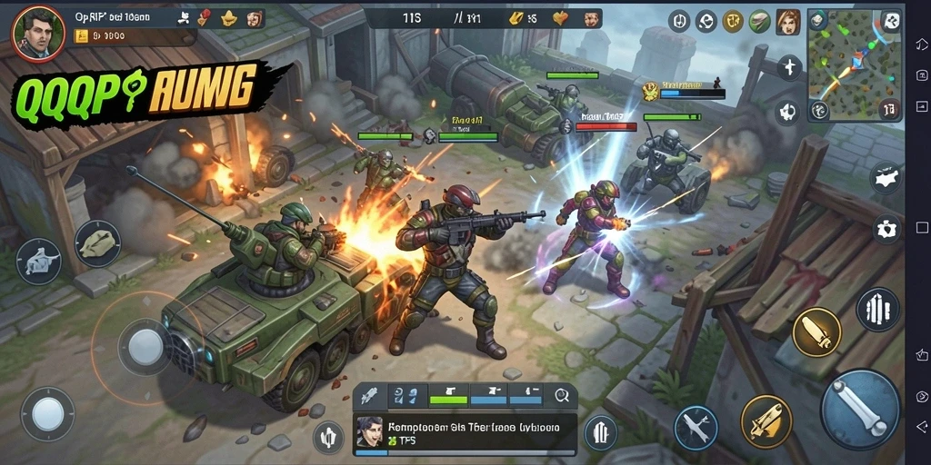 Screenshot utama QQRP menampilkan aksi tempur mendebarkan di arena permainan.