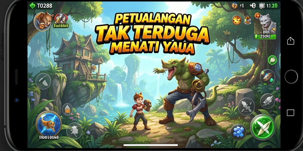 Screenshot TO288 menunjukkan karakter utama menjelajahi hutan misterius dengan latar belakang yang menakjubkan.